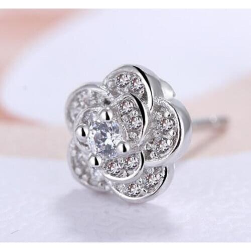 KOFSAC Sweet Temperament Shiny Zircon Rose Flower Stud Earrings For Women Jewelry 925 Sterling Silver Earring Girl Party Gifts