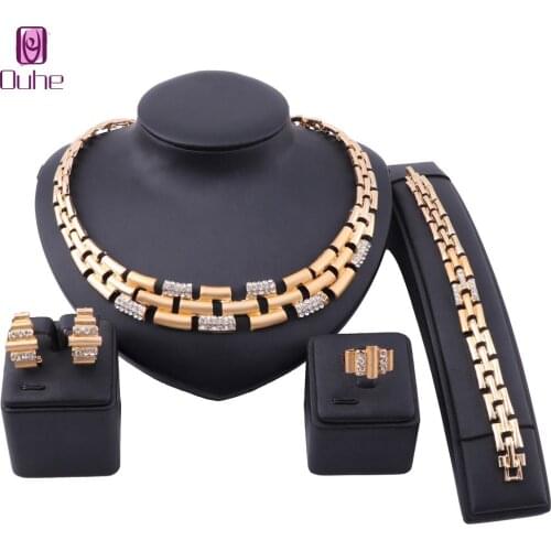 Women African Beads Jewelry Sets Crystal Necklace Earring Ring Bracelet Gold Color Statement Party Accessories Jewelries Set