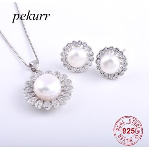 Pekurr 925 Sterling Silver Peacock Feather Flower Natural Pearl Earrings Necklace Sets For Women Waterdrop Round Pendant Sets