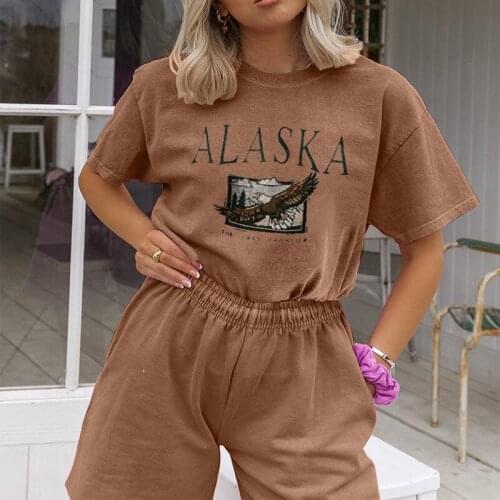 Alaska Eagle T Shirt Vintage Two Piece Set Women Fashion Casual Short Sleeve Tops Short Tracksuit Sets 2021 Summer Streetwear