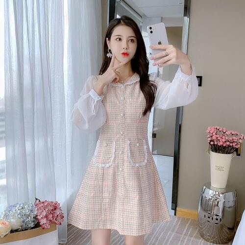 New 2021 Runway Designer Womens Long Sleeve Chiffon Dress Autumn Sweet Cute Peter pan Collar Buttons Ruffles Houndstooth Dress