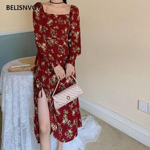 Spring Autumn Korean Style Elegant Sexy Party Dress Women Floral Printed Long Sleeve Midi Dress Split Square Collar French Retro
