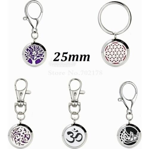 25mm 316L stainless steel Flower of life Essential Oil Diffuser Locket Key Ring Keychain Aroma Perfume Locket Keyrings