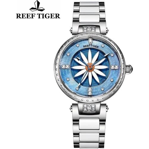 Reef Tiger/RT Fashion Casual Lily Women Watch Rose Gold Diamonds Bezel Lady Automatic Petal Dial WristWatches Relogio Feminino