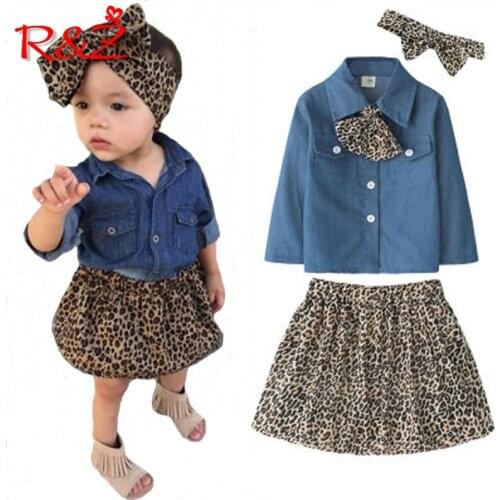 R&Z Childrens suit 2019 ins explosion models summer new girls suit imitation denim shirt leopard short skirt two-piece