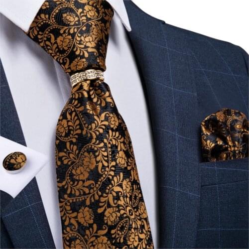DiBanGu Designer Mens Silk Wedding Tie Gold Black Floral Fashion Necktie For Men Necktie Ring Hanky Cufflink Set Business Party