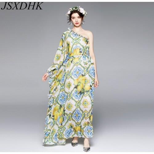 Elegant Summer One-Shoulder Boho Holiday Long Dress Women Batwing Sleeve Flower Print Chiffon Ruffles Lace Up Maxi Robe Dress