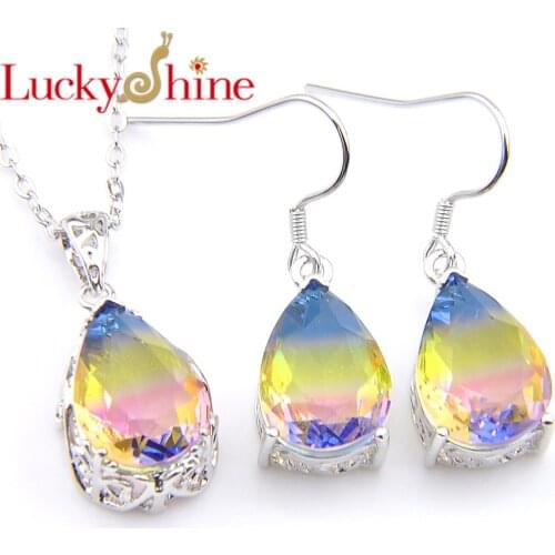 Luckyshine Fashion Ewelry sets Water Drop Gradient Tourmaline Crystal Zirconia Pendants Drop Earrings Women jewellery sets
