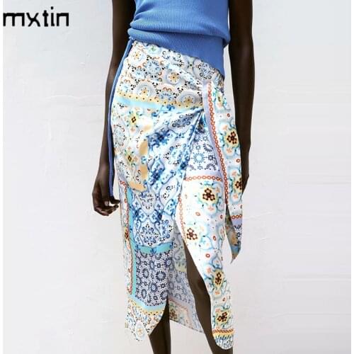 MXTIN 2021 Women Summer Vintage Patchwork Print Split Mid-Calf Skirts Fashion High Waist Ladies Skirts Casual Vestidos Vestidos