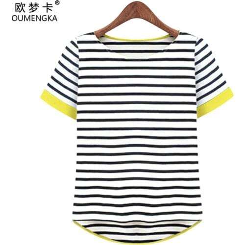 OUMENGKA New Women Tops O-Neck T-Shirt Short Sleeve Striped T Shirts Tees Blusas Femininas Free Shipping M- XXXXL Plus Size