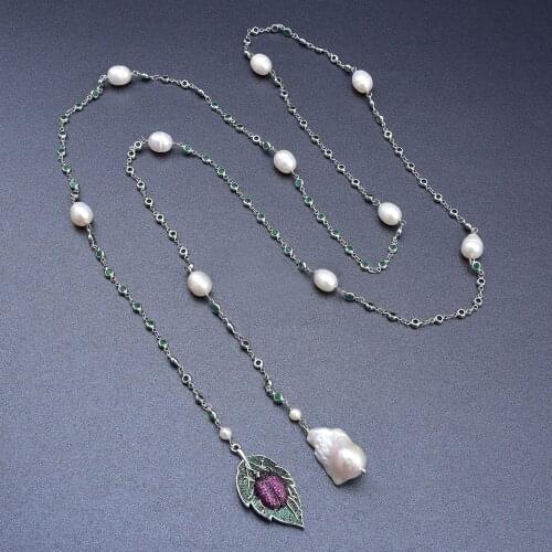 52'' Freshwater White Keshi Pearl Cz Pave Insect Chain Necklace