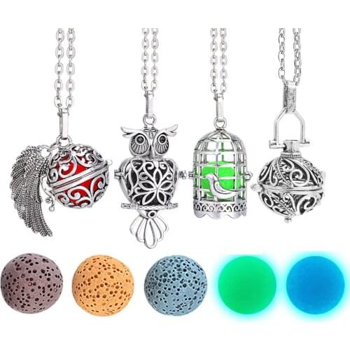 Aromatherapy Diffuser Necklace Locket Necklace Glow In The Dark Necklace Felt Lava Stone Cage Owl Necklace for Essential Oil