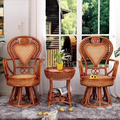 Zq Rattan Swivel Chair Rattan Chair Tea Table Three-Piece Set Natural Real Rattan Leisure Chair Balcony Combination