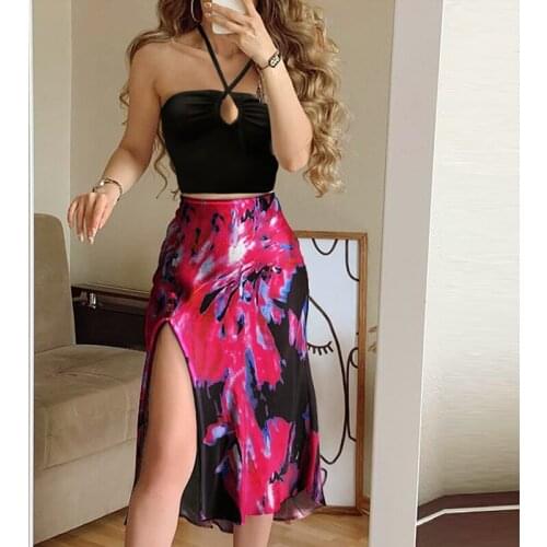 Fashion Print Skirt Women Summer High Waist Chiffon Split Beach Casual Midi Y2K Boho Elegant Vacation A Line Skirts Jupe Faldas
