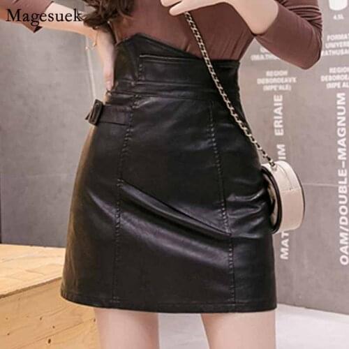 Fashion Buckle All-match Mini Skirts Streetwear Black High Waist PU Leather Skirts Women Simple A-Line Skirt 2020 Autumn 10763