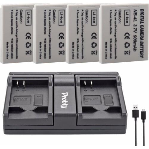 Probty 4Pcs NB-4L NB 4L Battery + USB Dual Charger for Canon PowerShot SD200 SD300 SD400 SD430 SD450 SD600 SD630 SD750 SD780 IS
