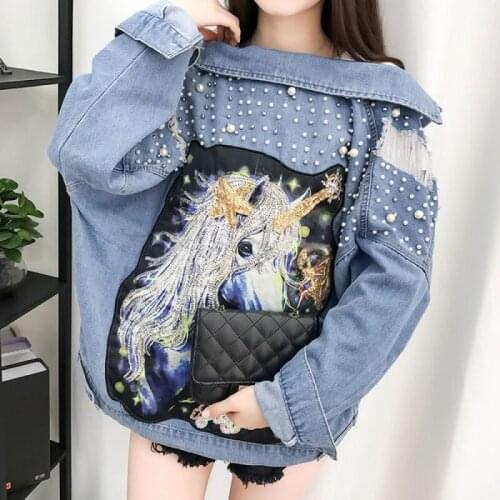 New Jean Jackets Women Fashion Beading Diamond Graffiti Printed Design Denim Jacket Coat Harajuku Casual Cowboy Female Outerwear