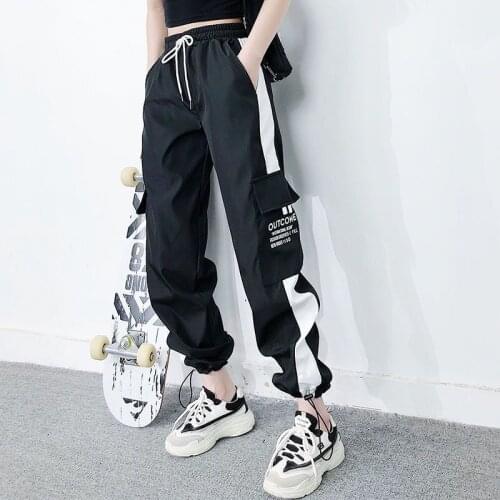 Women Fashion Streetwear Cargo Pants Black Ankle Length Elastic Waist Joggers Female Loose Casual Plus Size Pant HH511