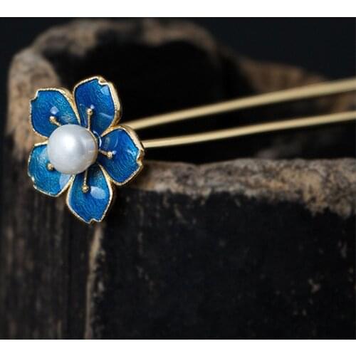 925 Sterling Silver Pearl Hair Sticks Women Cloisonne Enamel Flower Luxury Jewelry Hair Accessories Forks Stick Pin Blue Chinese