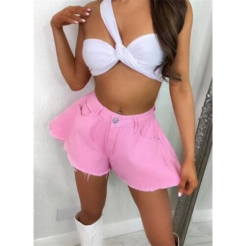 2021 New Women Summer Casual Loose Style Shorts Solid Color Mid Waist Denim Cloth Flared Shorts Pink/ Grey/ White