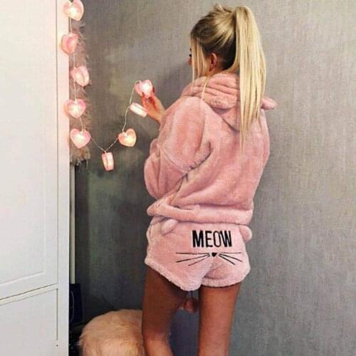 2019 Winter Autumn Long Sleeve Warm Plush Hoodie Set Women Pajamas Suit Cartoon Cat Embroidery Shorts Two Piece Plus Size 5xl