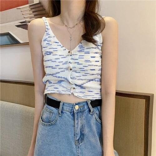 Women Fashion V-neck Slim Vest Color Matching Knitted Camis Button All-match Comfortable Corset Tank Tops Female T-shirt Vests