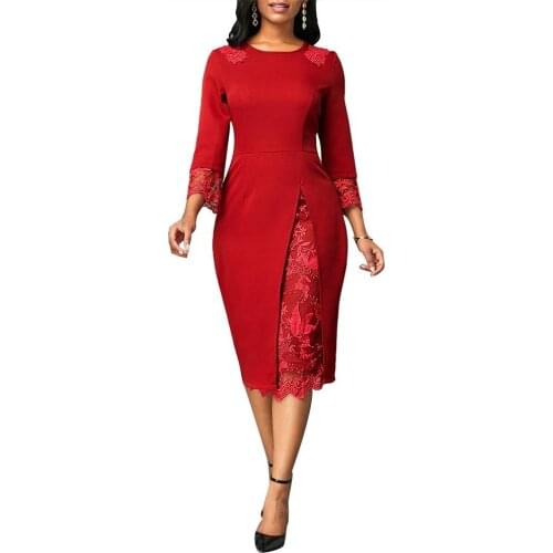 Loose Elegant Dresses Women Banquet Embroidery Flower O Neck 3/4 Long Sleeve Lace High Slit Bodycon Midi Summer Party Dress