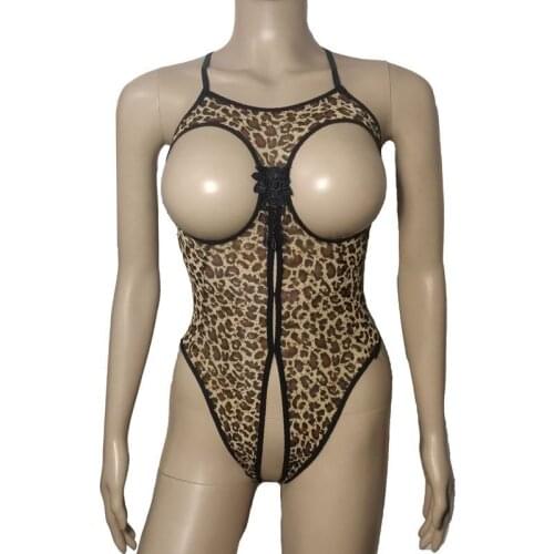 Women Cupless Leopard Print Open Butt Teddy Crotchless Bodysuit Sexy Erotic Lingerie Plus Size