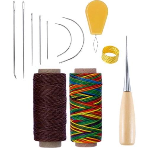 12PCS Leathercraft Tool Sets with Hand Sewing Needles Drilling Awl 12M Waxed Thread and Thimble for Leather Repair