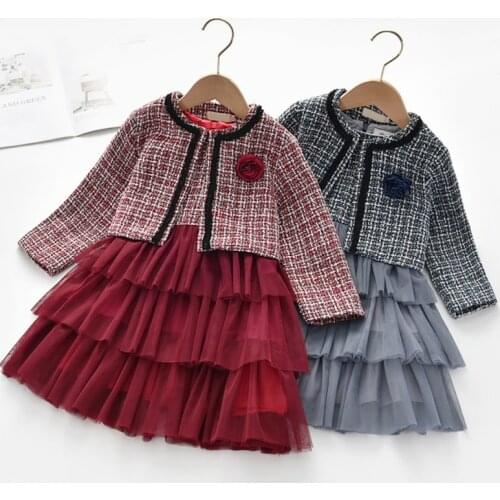 2019 Fashion 2-7Y Baby Girls Clothes Set 2Pcs Long Sleeve Plaid Kids Girls Coat Tops+Tutu Dress Party Warm Outfit Child Sets