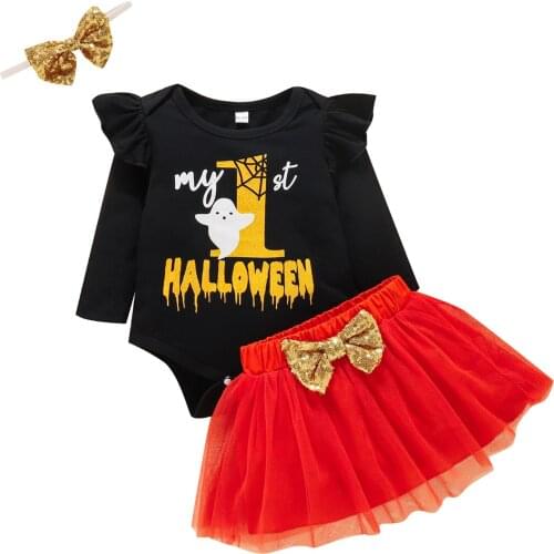 3PCS Toddler Baby Clothes My First Halloween Outfits Long Sleeve Ruffle Romper Tulle Skirt Bow Headband Childrens Clothing Set