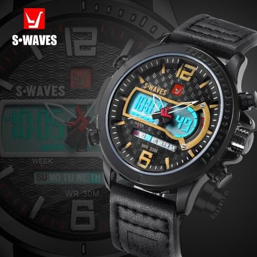 Brand SWAVES Dual Display Watch Quartz Men Waches Sport Waterproof LCD Digital Wristwatches Leather Band Clock Relogio Masculino