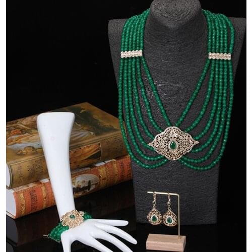 French American luxury handmade beaded necklace earrings bracelet set chain Muslim bridal wedding dress necklace women jewelry