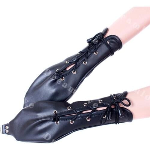 PU Leather Women Fetish Pet Play Cosplay Fingerless Gloves Fist Mitts Mittens with Strong Lace Up and D Ring Costumes