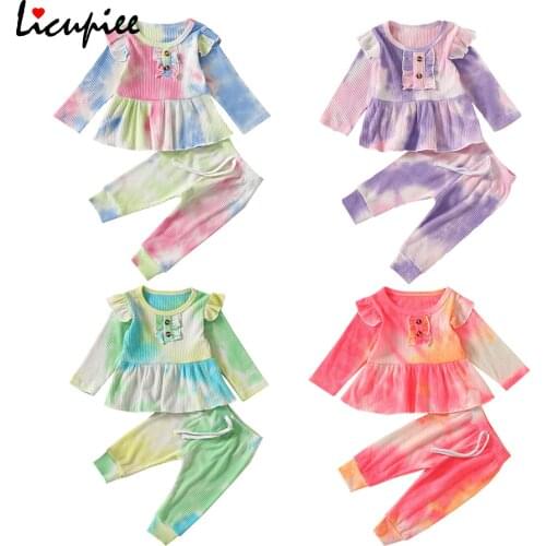 Baby Girls Tie Dye Clothes Set Infant Colorful Long Sleeve Round Collar Top + Long Pants Blue/ Pink/ Purple/ Green 1-4 Years