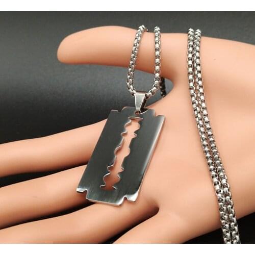 Hot Cool Mens Fashion Charm Stainless Steel Razor Blade Pendant Hip Hop Dog Tag Necklace Male Shaver Shape Necklace 2021