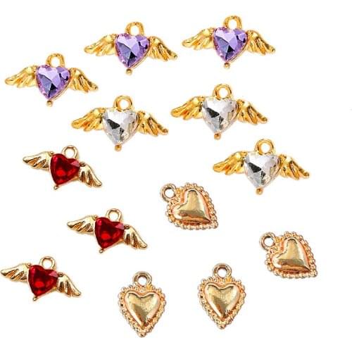 10Pcs/Lot Cute Gold Color Heart Crystal Mix Charms Accessories for Jewelry Making DIY Earrings Pendant Necklace Jewelry Findings