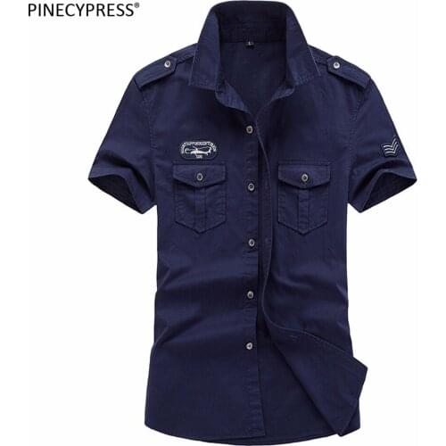 100% Cotton Men Casual Shirt 2018 Summer Short Sleeve Army Male Youth Fashion Military Green Navy Blue Khaki Pockets Man Shirts
