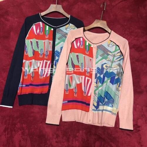 Twill New 100% silk stitch superfine sheep chain printed wool round neck long sleeve shirt