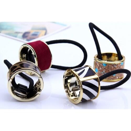 New Women Contracted Temperament Metal Hair Circle Hair Rope With Leather Print Horsetail Buckle Braid Hair Accessories