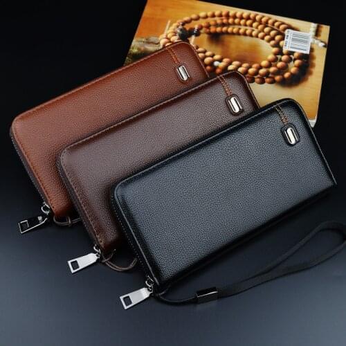 New Style Solid Color Mens Wallet Long Zipper Clutch Bag Male Large-capacity Lychee Pattern Soft Coin Purses Mobile Phone Bag