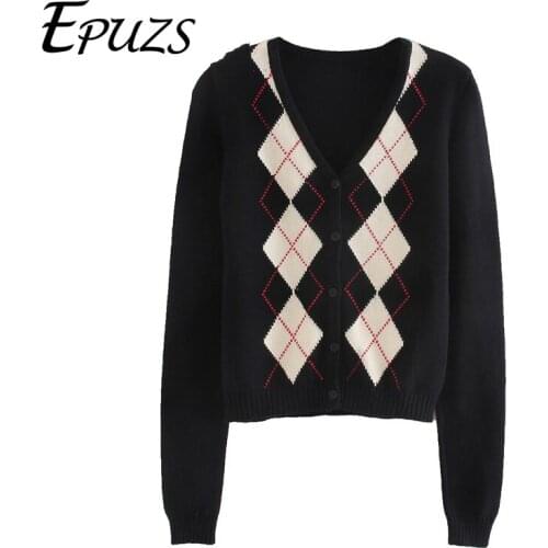 Autumn knitted sweater women 2020 vintage slim long sleeven V-Neck cardigans sweaters fashion argyle butoon crop tops