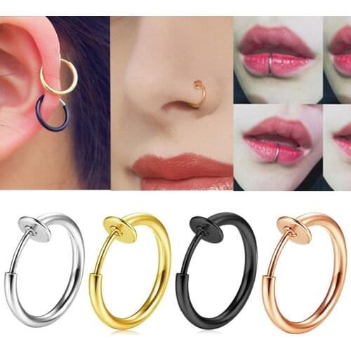 Fake Nose Rings Hoop Septum Piercing Clip on Spring Faux Lip Cuff Helix Cartilage Earrings Surgical Steel Moon Ear Lobe Conch