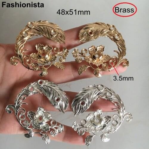 2 Pairs(4 pcs) Large Phoenix Feather Peony Flower Pendant With 6 Tray,Gold/Silver-color Brass Filigree Charms With 4 loops -A