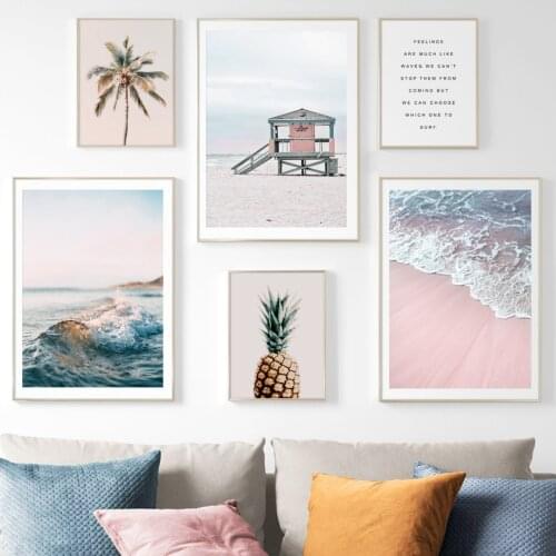 Pink Sea Beach Palm Tree Pineapple Seascape Wall Art Canvas Painting Nordic Posters & Prints Wall Pictures For Living Room Decor