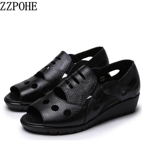 ZZPOHE Summer Fashion Woman Shoes Women Genuine Leather Sandals Ladies Fish mouth Wedges Beach Sandals Mother Plus Size Shoes
