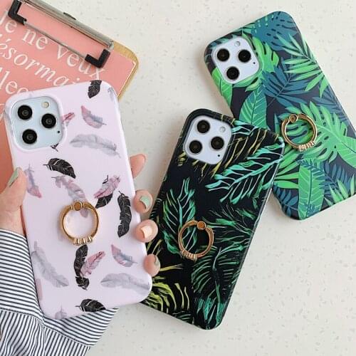 Green Banana Leaves Plants Soft TPU Phone Case for iPhone 12 Mini 11 Pro XS Max XR 8 Plus Feather Finger Ring Holder Stand Cover