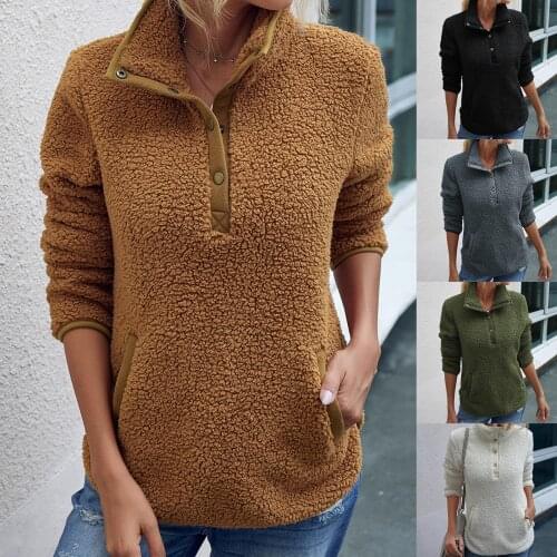 Women Autumn Winter Stand Collar Long Sleeve Plush Sweatshirt Pockets Pullover Sweatshirts Autumn Winter Top