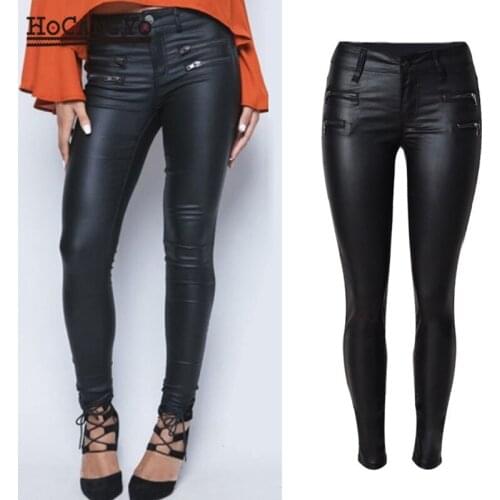 HCYO Women Coated Jeans Pants Low Waist Skinny PU Leather Trousers Zippers Motorcycle Pants Jean Women Coating Pencil Pants