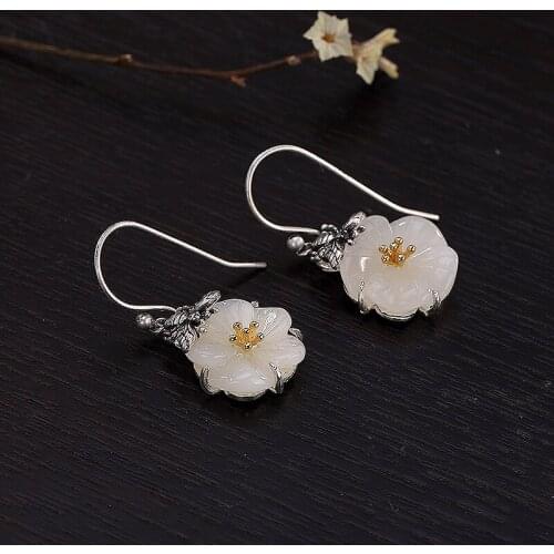 S925 Sterling Silver Vintage Inlaid Hetian Jade White Jade Plum Butterfly Women Earrings